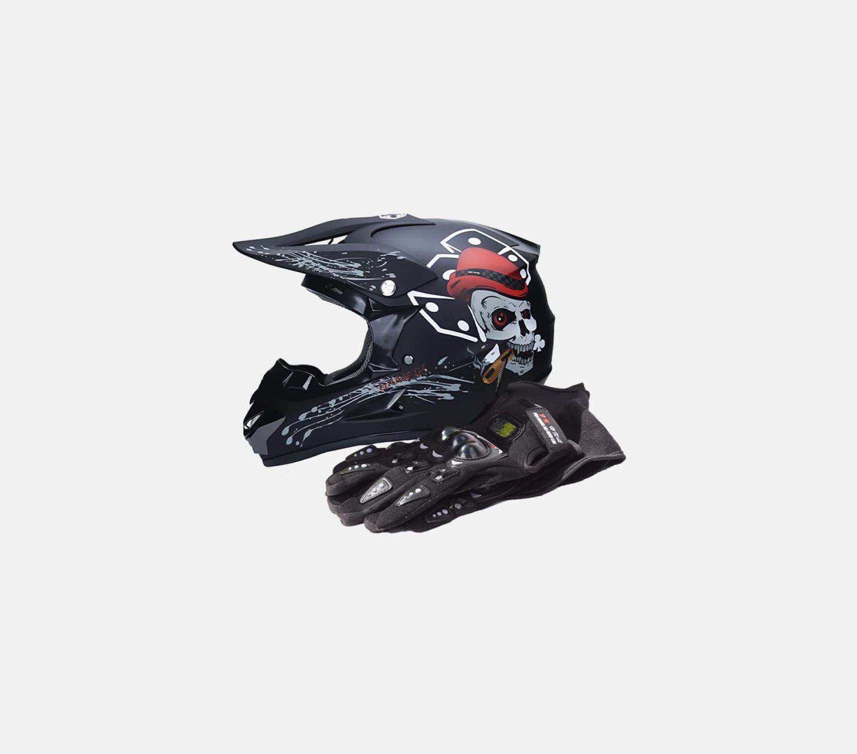 Шлем защитный + перчатки (набор)  чёрный с черепом L