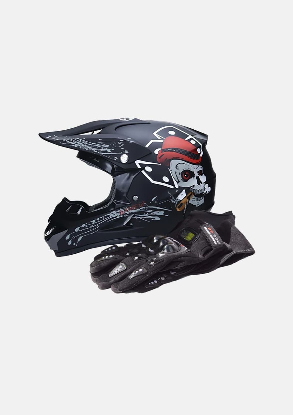 Шлем защитный + перчатки (набор)  чёрный с черепом XL